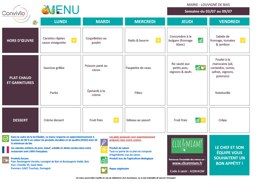 Menu à la cantine scolaire de Louvigné de Bais